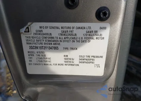 2000 Chevrolet Silverado 1500 Ls from USA, damaged, VIN 2GCEK19T2Y1347865